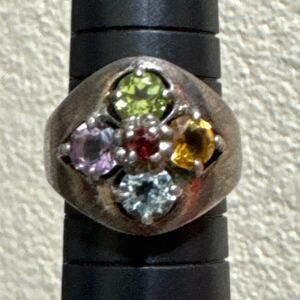 925 SS Multi Gemstone Ring Size 8 Garnet, Blue Topaz, Peridot, Amethyst Citrine